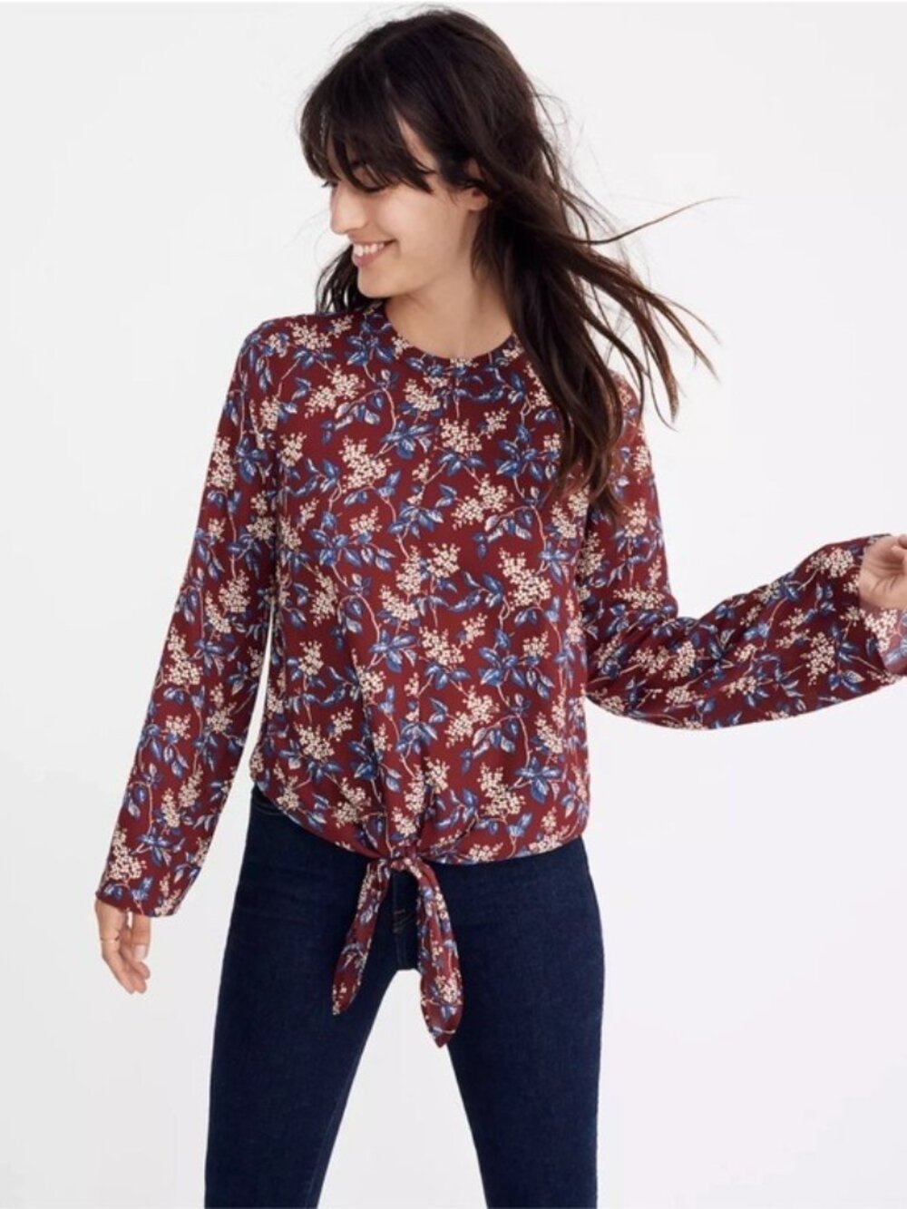 Madewell Antique Flora Women's Small Red Blue Long Bell Sleeve Tie Hem Blouse
